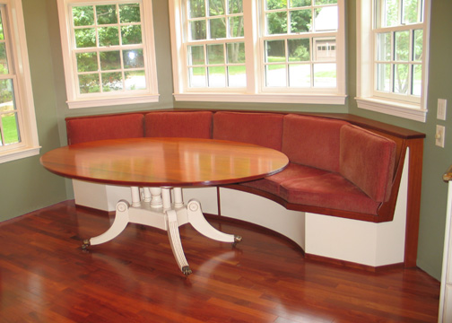 Inlaid Marquetry Pedestal Table, with Upholstered Banquette/Bookcase